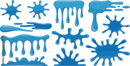 Vector set of blue liquid splashes drips and slime drops in various shapes for abstract water paint or chemical fluid graphic design elements