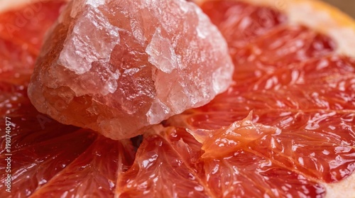 Natural exfoliating scrub concept with pink Himalayan salt crystal on juicy red grapefruit slice for organic beauty branding