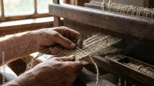 Artisan hands weaving traditional textile fabric from natural fibers on antique wooden loom