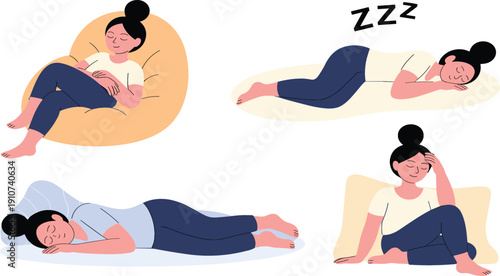 Vector illustration set of a young woman in different sleeping and resting positions on a bed and bean bag for health wellness and relaxation concepts