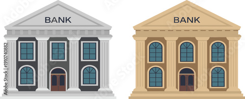 Classic architectural bank building vector illustration set featuring Greek columns and stone facade for finance investment banking and government institution design concepts