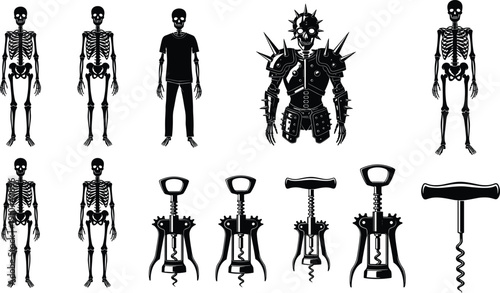 Skeleton figures punk warrior character and corkscrew silhouettes collection vector illustration gothic halloween design elements set