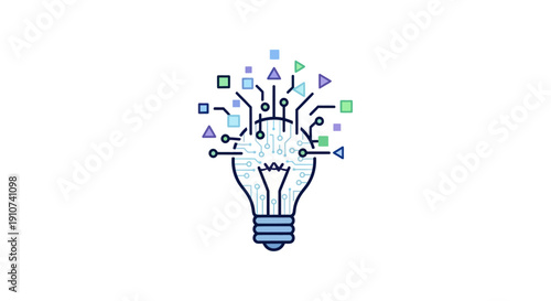 Lightbulb with Circuit Board and Geometric Shapes: Innovation and Technology Concept.