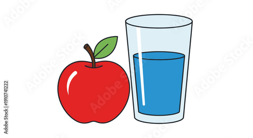 Red Apple with Green Leaf and Glass of Blue Liquid Illustration.