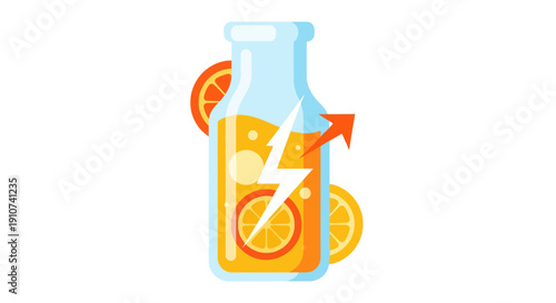 Refreshing Orange Juice Bottle with Lightning Bolt and Arrow Symbol.