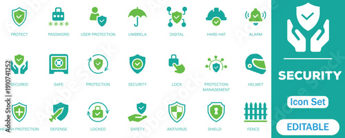 Security icon set. Containing secured payment, encryption, safety, insurance, data protection, detector, sensor, locked, password and cybersecurity icon. Solid icon collection.

