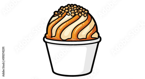 Delicious Caramel Swirl Ice Cream Sundae in a White Cup.