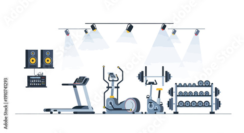 Gym Equipment Set with Treadmill Elliptical Weights and Sound System.
