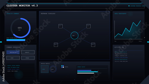Dark blue futuristic user interface display showing network nodes data analytics and system status monitoring dashboard