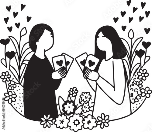 Two women sharing cards with hearts surrounded by flowers and leaves, love concept