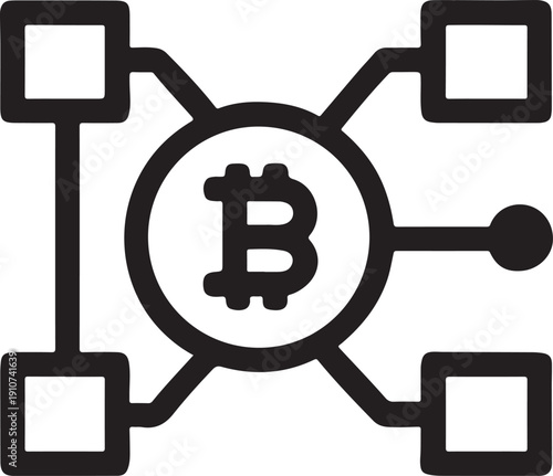 Bitcoin symbol connected to network nodes, cryptocurrency and blockchain technology