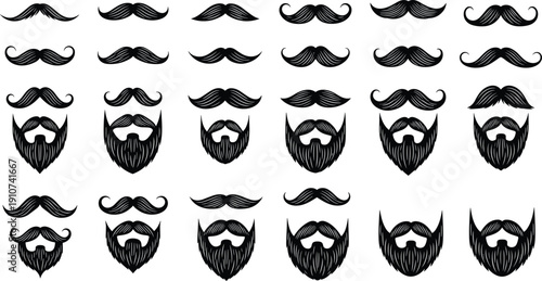 Mustache and beard silhouettes collection vector illustration vintage barber style facial hair design elements set isolated