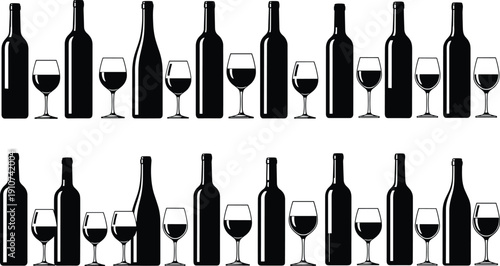 Wine bottle and glass silhouettes collection vector illustration isolated beverage alcohol drink design elements on white background