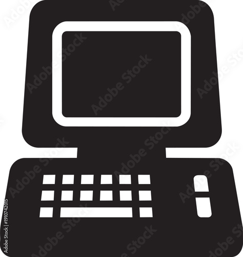 Retro black computer icon with monitor and keyboard, representing technology and computing.