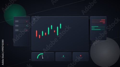 Financial trading dashboard interface with candlestick stock market chart and data visualization on dark background
