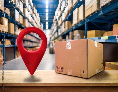 cardboard parcel with a red location pin on a wooden counter in a warehouse a traceable shipping concept communicating transparency customer confidence and reliable last mile service
