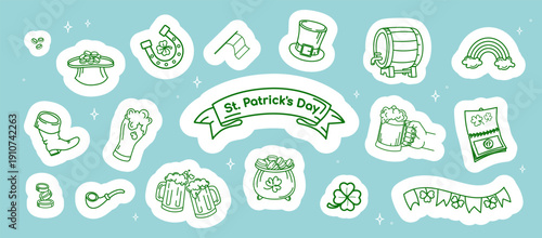 St. Patrick's Day Doodle Sticker Set.Vector set of hand drawn St. Patricks Day doodle icons and festive items, ideal for stickers, banners, social media posts, greeting cards, and digital scrapbooking