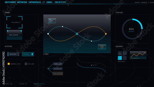 Futuristic digital user interface dashboard with data visualization elements and technical monitoring panels for industrial network