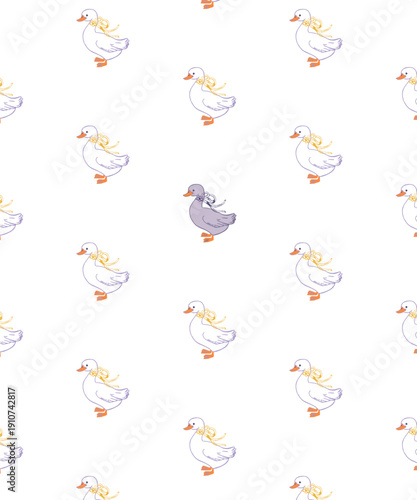 Set of cute trend illustrations of hand drawn goose sketch. Easter theme, duck pattern. For a greeting card, wrapping paper, invitation. Trendy pattern with cute white gooses. Seamless geese pattern