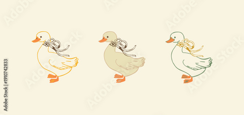 Set of cute trend illustrations of hand drawn goose sketch. Easter theme, duck pattern. For a greeting card, wrapping paper, invitation. Trendy pattern with cute white gooses. Seamless geese pattern