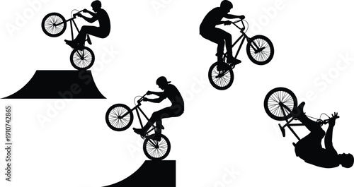 BMX Rider Silhouettes Performing Freestyle Tricks and Jumps on Ramp Isolated on White Background for Extreme Sport and Action Design