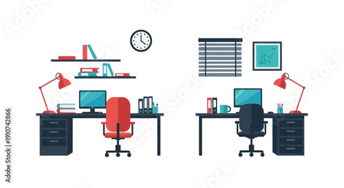 Two Office Workstations with Desks Chairs Computers Lamps and Shelves.