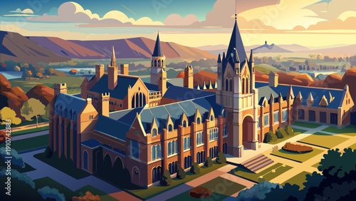 Very beautiful aerial establishing shot of a grand gothic law library with intricate stone details and soaring architecture at a historic Midwestern university.
