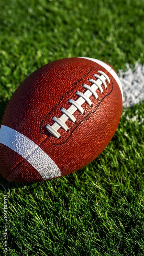 Obraz premium American Football Close Up on Field Sports Equipment for Game Day Action Playoff Season Team Spirit.