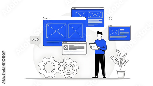Developer Building Modern Website Interface with Gears and Wireframes on Transparent Background PNG for Tech Services