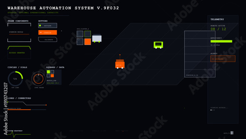 Futuristic warehouse automation system interface with telemetry data robot tracking and operational status indicators on dark background