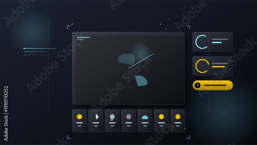 Futuristic user interface dashboard with radar screen and data visualization elements on dark background