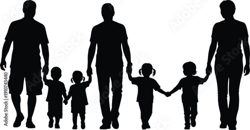 Family Silhouettes of Parents and Children Holding Hands Walking Together Isolated on White Background for Love, Parenting and Unity Concept