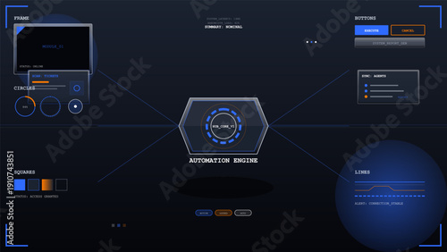 Futuristic user interface with automation engine hub and digital data modules for science fiction control panel display