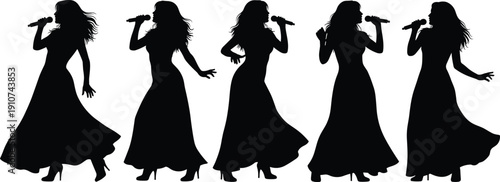 Female Singer Silhouettes Performing with Microphones in Flowing Evening Gowns Isolated on White Background for Concert, Music and Entertainment Design
