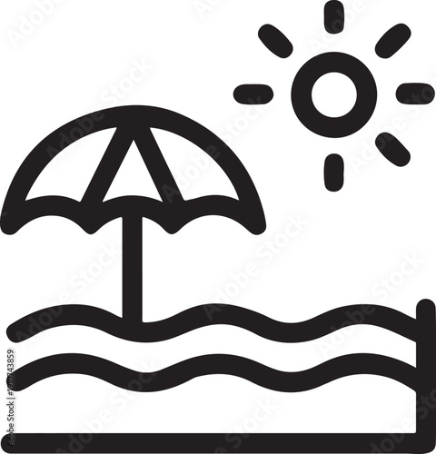 Beach umbrella on shore with sun and ocean waves simple line icon for summer vacation