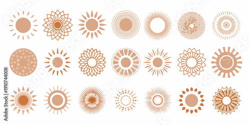 Collection of abstract circular designs resembling suns or floral motifs