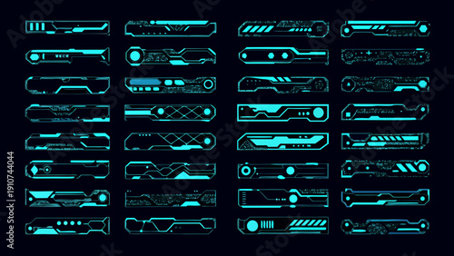 Futuristic user interface elements in a teal and black color scheme