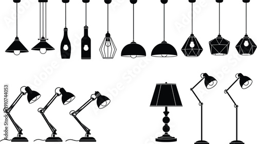 Lamp silhouettes collection featuring pendant lights desk lamps and floor lighting vector illustration isolated interior design set