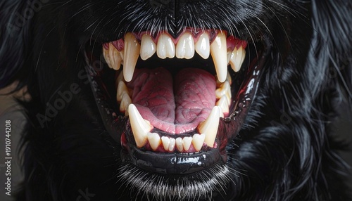 Dog's open mouth displaying sharp teeth showcasing animal aggression dental health and pet behavior in a close-up shot.