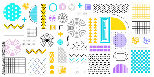 Abstract geometric shapes and patterns in a colorful arrangement