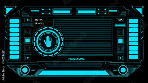 Futuristic interface panel displaying access granted and processing status