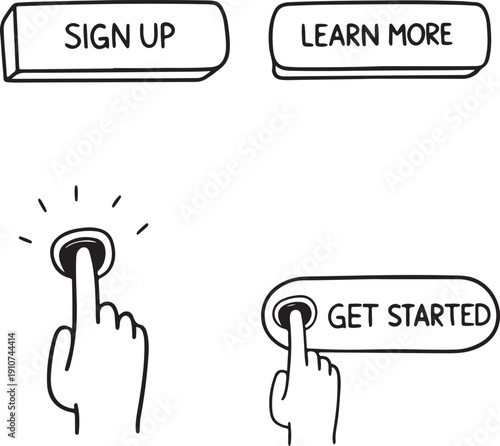 Hand pressing buttons for sign up, learn more, and get started, call to action doodle set