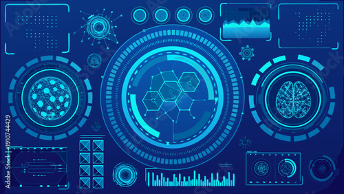 Futuristic blue interface displaying complex data visualizations and technological elements