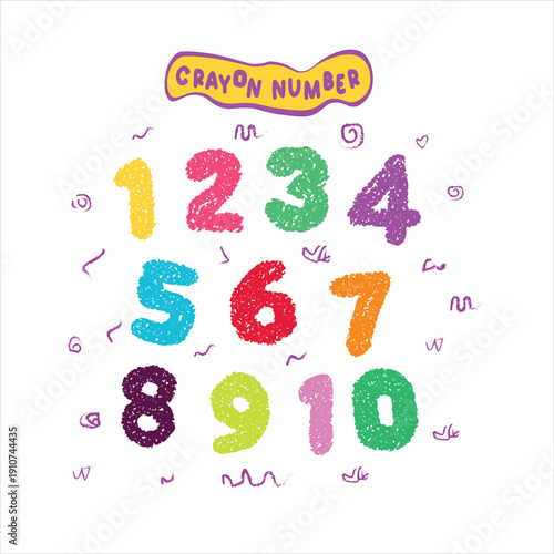 Colorful Crayon Numbers 0-9 Set, Hand Drawn Wax Crayon Texture Illustration for Kids Education, Preschool Learning Graphic Elements