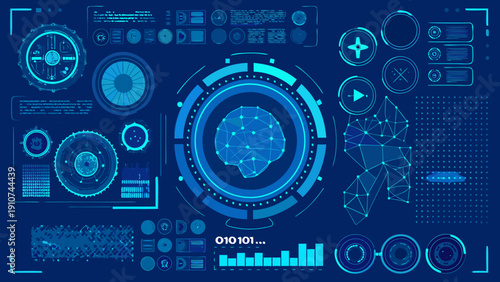 Futuristic interface displaying a digital brain and various technical indicators