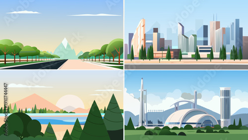 Illustrative vector landscapes featuring cityscapes mountains and tranquil scenes