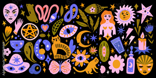 Mystical illustration featuring celestial bodies faces and magical objects