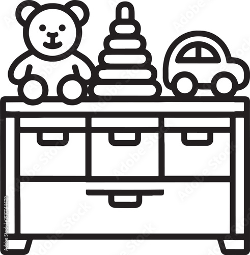 Black and white line drawing of toys on dresser with teddy bear pyramid car