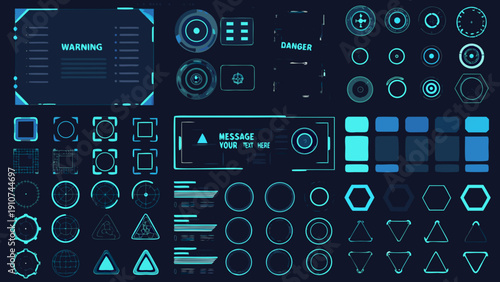 Futuristic user interface elements in bright cyan on a dark background