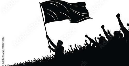 Protest Crowd Silhouette with Leader Holding Waving Flag During Political Rally Demonstration Isolated on White Background for Freedom and Revolution Concept
